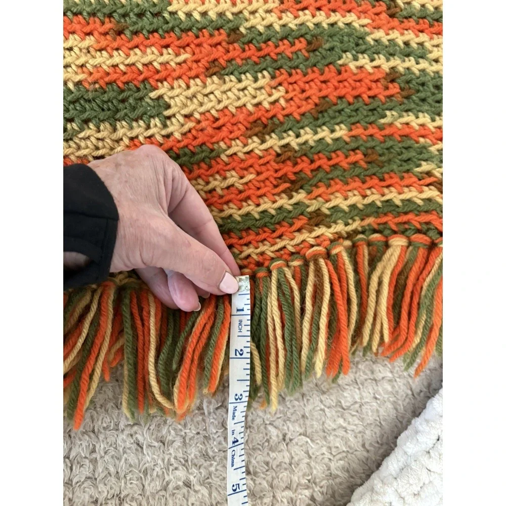 Vintage Crochet Granny Poncho Multicolor Fringe Boho Handmade Cape Wrap rainbow